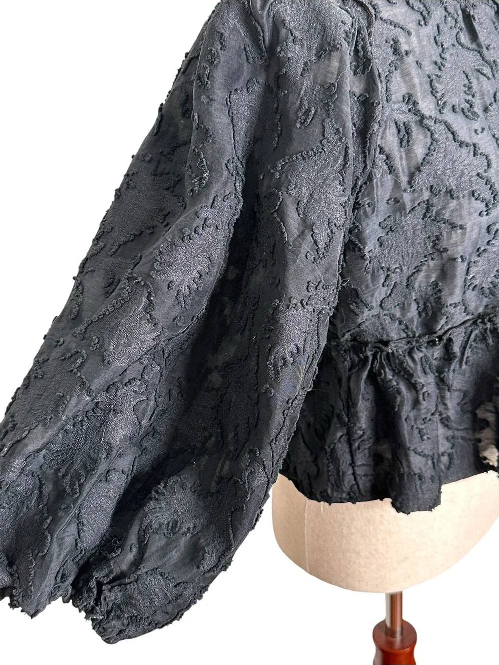 Free People Callie Black Textured Puff-Sleeve Peplum Blouse. Bohemian. Festival